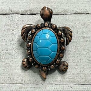 Vintage Bronze Tone Cabochon Shell Sea Turtle Brooch Pin